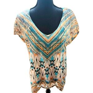 French Blue Boho Embellished Sheer Top Womens Large Multicolor Short Sleeve